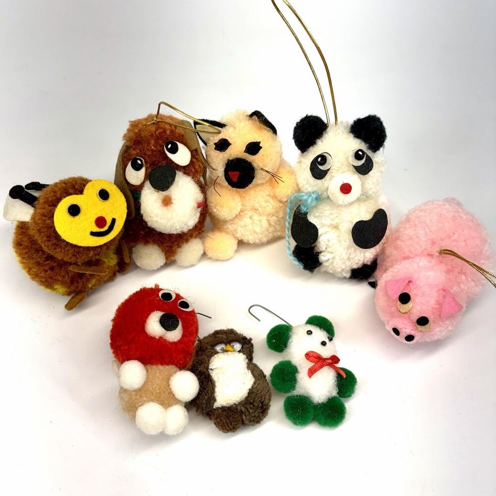 Vintage 1981 Pom Pom Pals Christmas Kitsch Animal Ornament Lot of 8